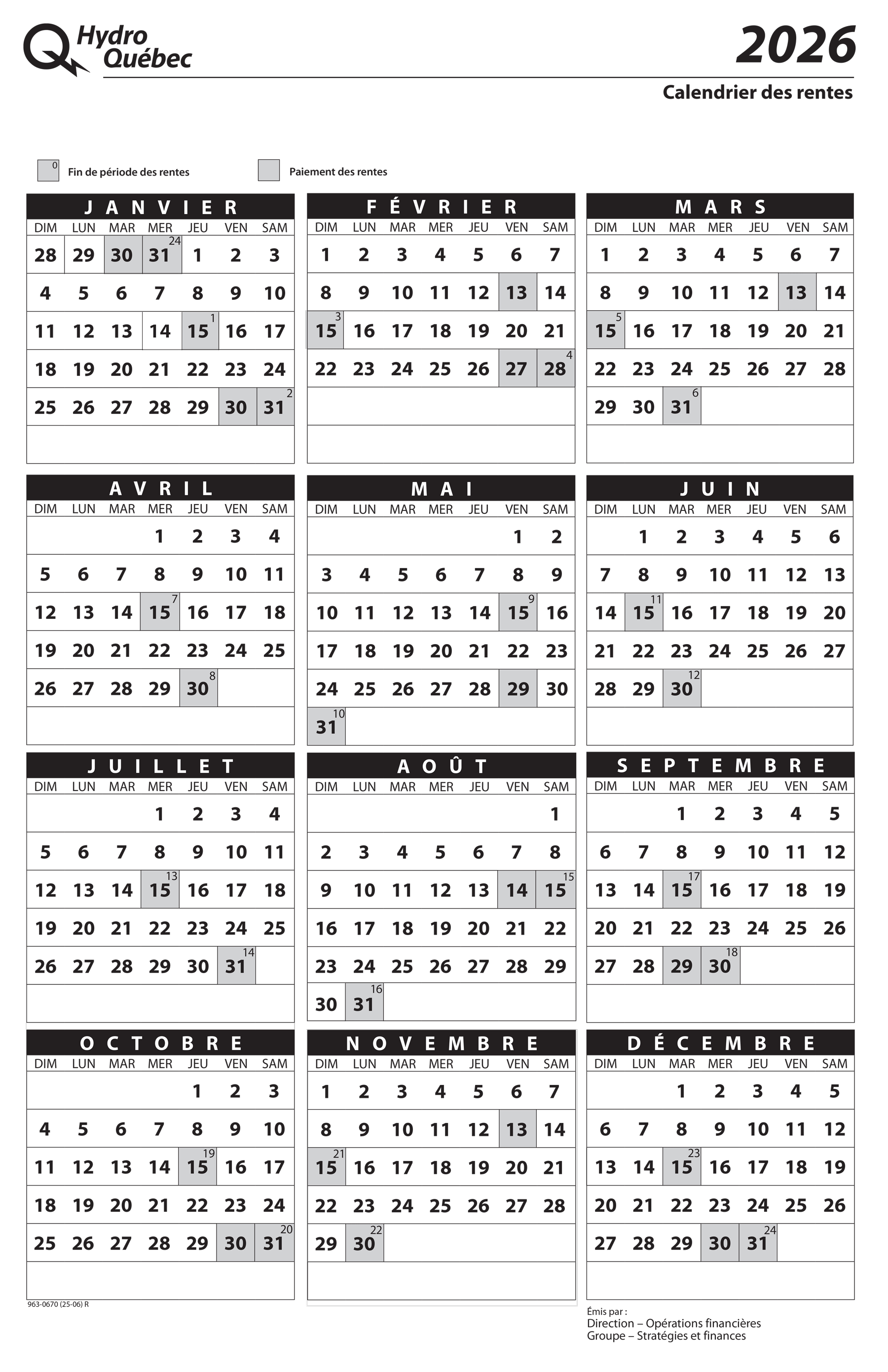 Calendrier des rentes 2016